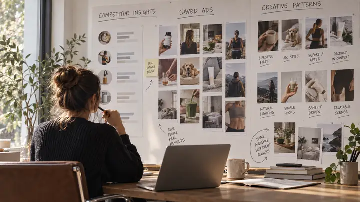 Adnova competitor insight board with saved ads and creative patterns